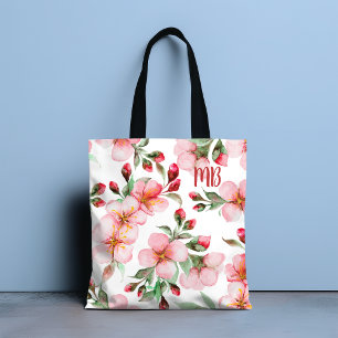 Bolsa Tote Monograma Floral de Flor de Cereja Rosa