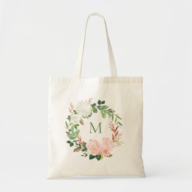 Bolsa Tote Monograma Floral de Fora do Jardim Blush (Frente)