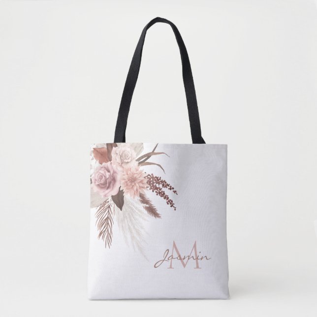 Bolsa Tote Monograma Floral de Grama das Pampas Boho Blush (Frente)