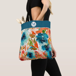 Bolsa Tote Monograma Floral de outono Rosa Azul
