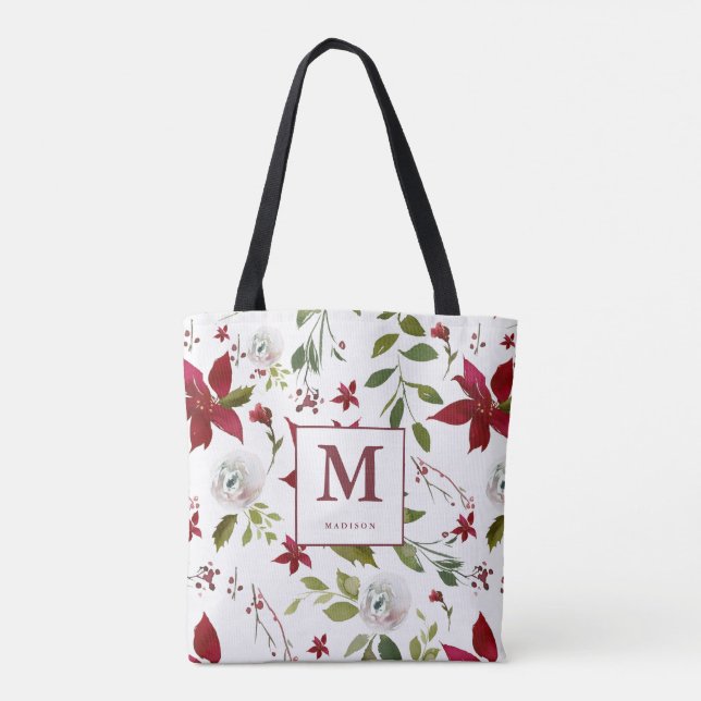 Bolsa Tote Monograma Floral de Poinsettia Chic com Nome (Verso)
