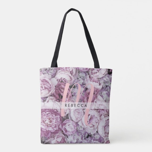 Bolsa Tote Monograma Floral de Rosas Rosa Peônia (Verso)