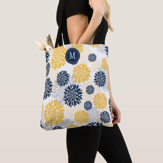 Bolsa Tote Monograma Floral Dourado Azul marinho (Close Up)