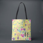 Bolsa Tote Monograma Floral e Borboleta Amarelo<br><div class="desc">Vestir sua roupa ou feriado comprando com este saco floral amarelo chico e borboleta.</div>