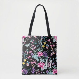 Bolsa Tote Monograma Floral e Borboleta Preta