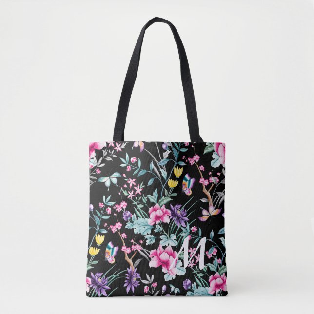 Bolsa Tote Monograma Floral e Borboleta Preta (Frente)