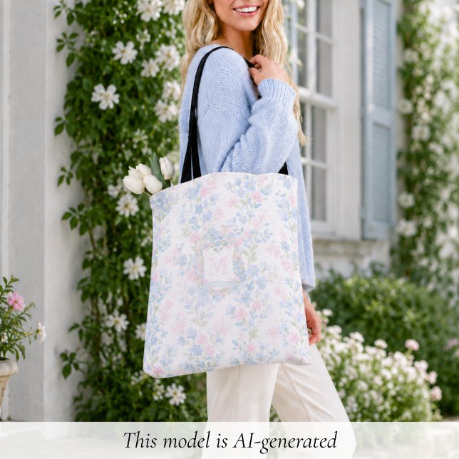 Bolsa Tote Monograma Floral Elegante (elegant girly preppy grandmillennial floral tote bag with custom initial monogram in family crest)