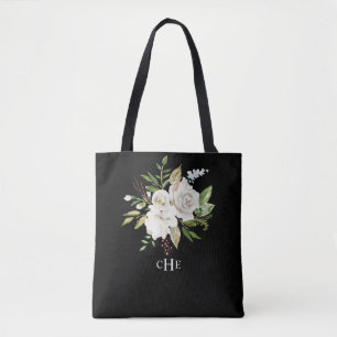 Bolsa Tote Monograma Floral Elegante de Aquarela a Preto