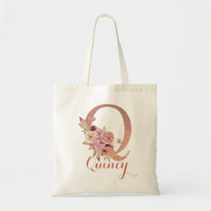 Bolsa Tote Monograma Floral em Brilho Rosa Choque Letra Q 