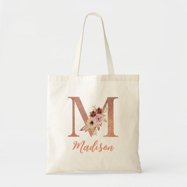 Bolsa Tote Monograma Floral em Brilho Rosa Malva Letra M  (Frente)