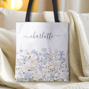 Bolsa Tote Monograma Floral Flor Elegante Azul Aquarela