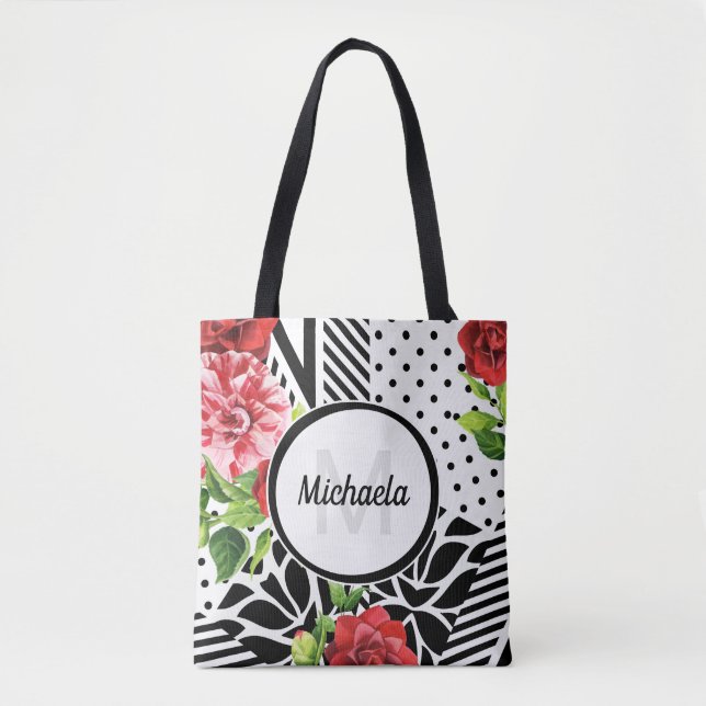 Bolsa Tote Monograma Floral Geométrico Vermelho (Frente)