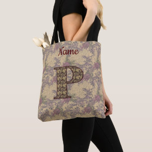 Bolsa Tote Monograma Floral Inicial P Elegante Personalizado