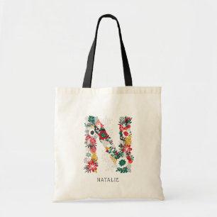Bolsa Tote Monograma floral lunático da letra da letra N