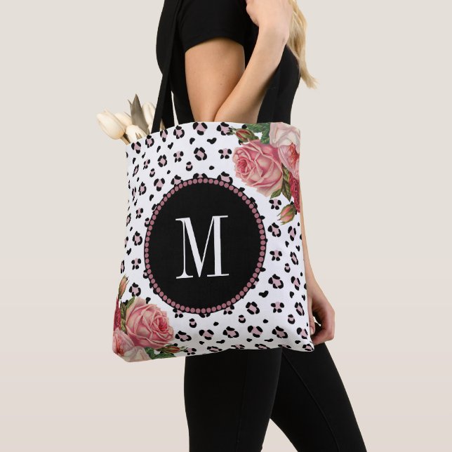 Bolsa Tote Monograma Floral Na moda Rosa Dourado Leopard Vint (Close Up)