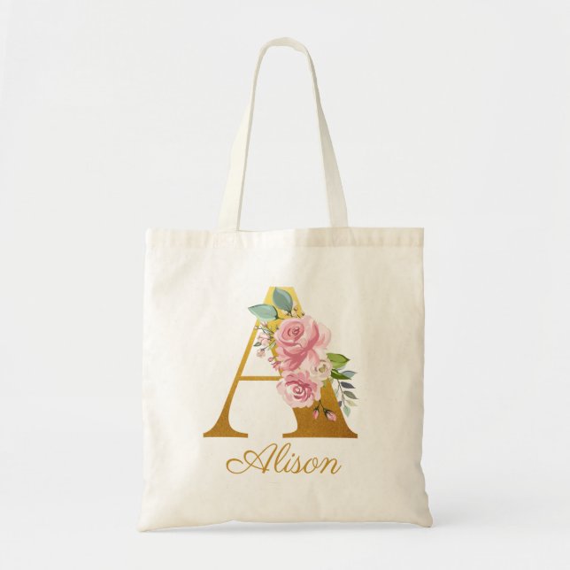 Bolsa Tote Monograma Floral Personalizado Nome Inicial Botâni (Frente)