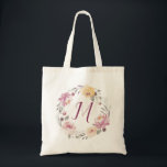 Bolsa Tote Monograma floral romântico personalizado<br><div class="desc">Monograma moderno rodeado por uma coroa floral de cor aquosa em amarelo pastel mutado,  pêssego e maduro,  elegante e romântico,  presentes personalizados do excelente.</div>