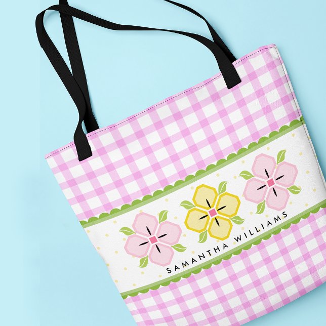 Bolsa Tote Monograma Floral Rosa e Gingham (Criador carregado)