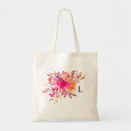 Bolsa Tote Monograma floral rosa em aquarela. Flores iniciais