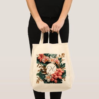 Bolsa Tote Monograma Floral Tropical Elegante para Compras de