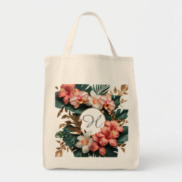Bolsa Tote Monograma Floral Tropical Elegante para Compras de