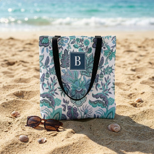 Bolsa Tote Monograma Floral Vintage Boho Azul