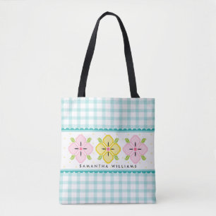 Bolsa Tote Monograma Floral Xadrez Aquático