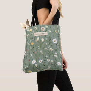 Bolsa Tote Monograma Flores Selvagens Brancas Amarelas Verde 