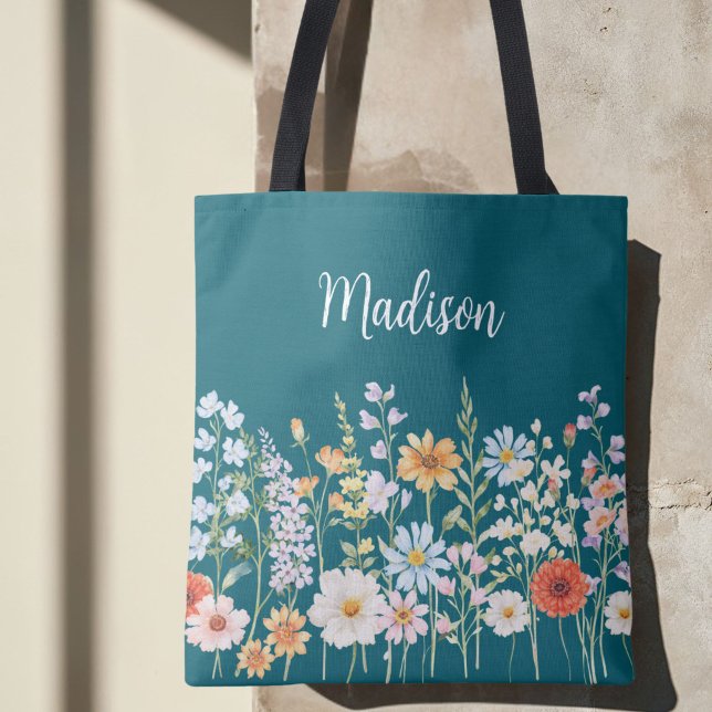 Bolsa Tote Monograma Flores Silvestres Florais Botânicas Aqua (Criador carregado)