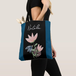 Bolsa Tote Monograma fofo com contraste com floral preto e az
