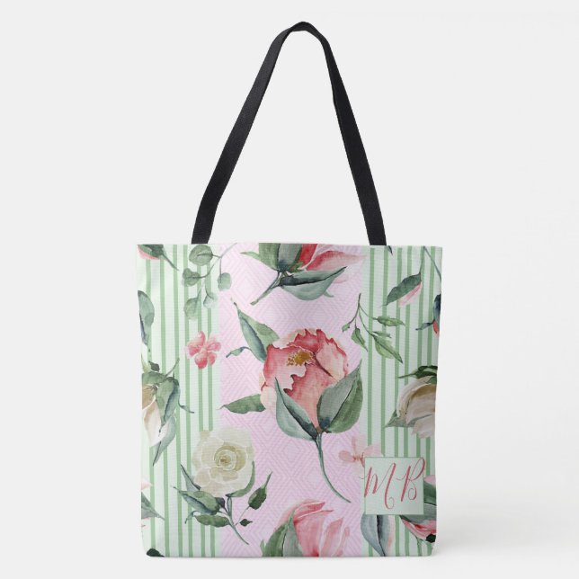 Bolsa Tote Monograma - Folha Verde Cor-de-Rosa Floral (Frente)