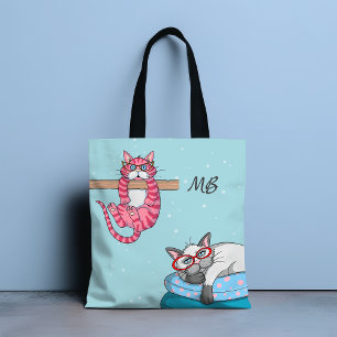 Bolsa Tote Monograma Funny Whimsical Cats Trendy Modern