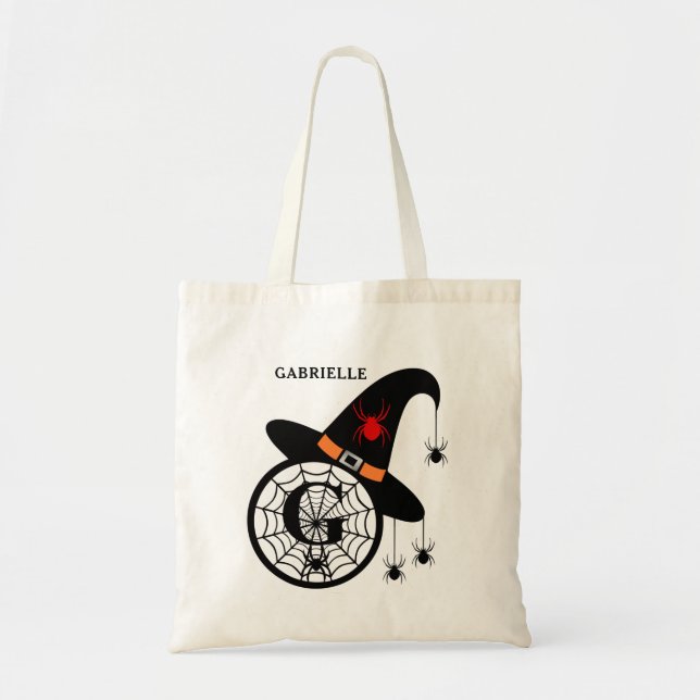 Bolsa Tote Monograma G Halloween Bruxas Aranha Seu Nome (Frente)