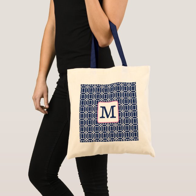 Bolsa Tote Monograma Geométrico Octogonal Preppy Navy Branco  (Frente (produto))
