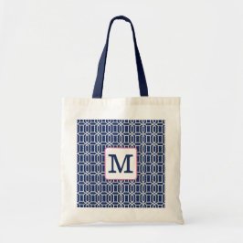 Bolsa Tote Monograma Geométrico Octogonal Preppy Navy Branco