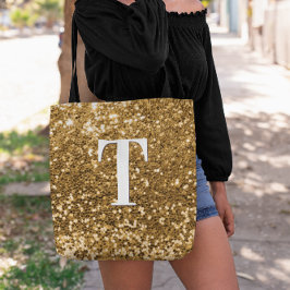 Bolsa Tote Monograma Glitter Dourado Cobre Falso Bokeh Sparkl