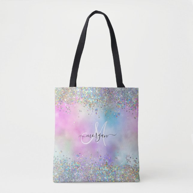 Bolsa Tote Monograma Holográfico Glitter Arco-Íris Pastel (Frente)