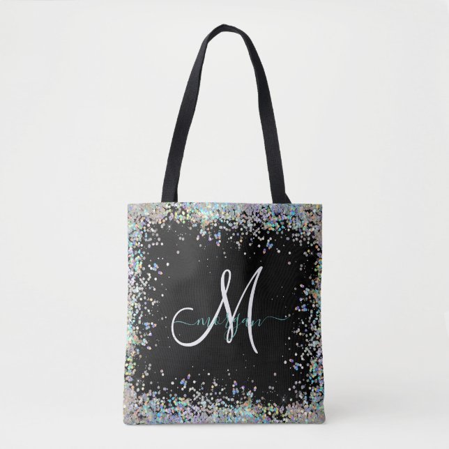 Bolsa Tote Monograma Holográfico Glitter Arco-Íris Pastel (Frente)