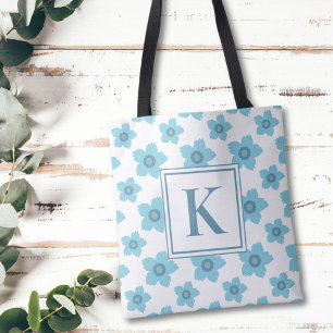 Bolsa Tote Monograma inicial de flores azuis