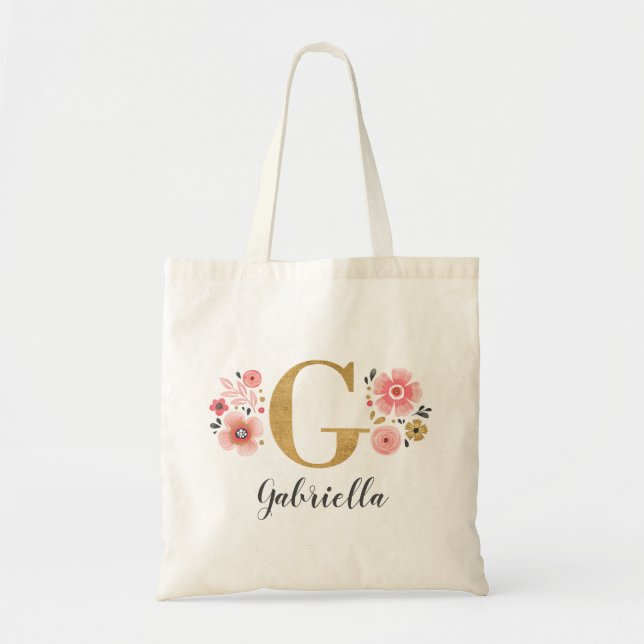 Bolsa Tote Monograma Inicial de Nome Floral Rosa na Moda (Frente)