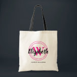 Bolsa Tote Monograma Inicial de Script Rosa Chic Personalizad<br><div class="desc">Bolsa tote simples é personalizada com seu primeiro nome sobre a inicial do seu primeiro ou último nome,  rodeado por círculos rosa quente e seu nome completo abaixo. Ideal para você,  para suas damas de honra,  clube do livro ou presentes de aniversário. MAIS cores em nossa loja.</div>