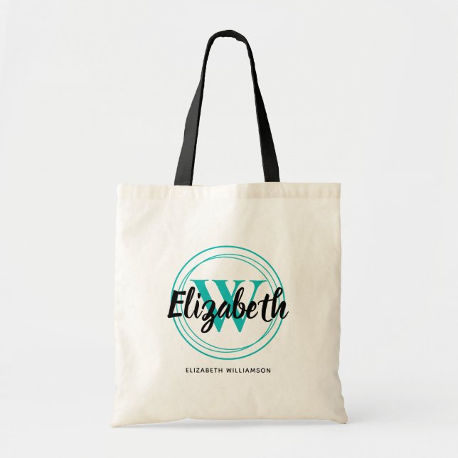 Bolsa Tote Monograma Inicial de Script Turquesa Chic Nome (Frente)