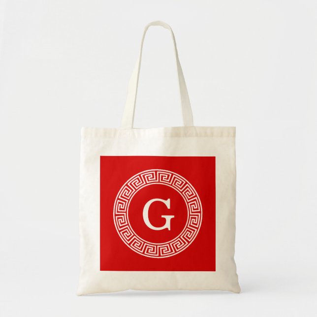 Bolsa Tote Monograma Inicial do Quadro-chave grego Red What (Frente)