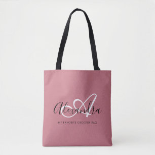 Bolsa Tote Monograma Inicial em Script Dourado Rosa Noiva