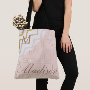 Bolsa Tote Monograma Inicial Geométrico de Moda em Pêssego