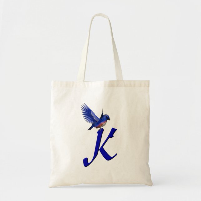 Bolsa Tote Monograma Inicial K com Pássaro Azul (Frente)