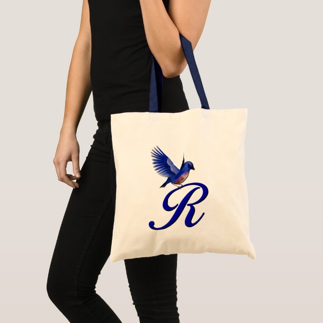 Bolsa Tote Monograma Inicial R Pássaro Azul (Frente (produto))