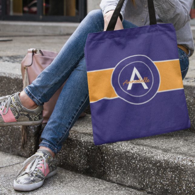 Bolsa Tote Monograma Laranja e Azul Personalizado (Criador carregado)