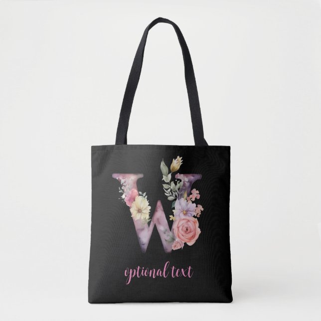 Bolsa Tote monograma - letra cor-de-rosa floral personalizada (Frente)