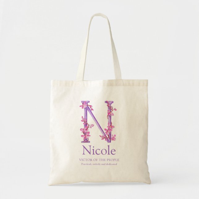 Bolsa Tote Monograma - letra N orquídeas - cor d'água Nicole  (Frente)